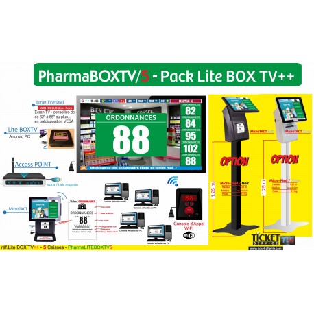 PACK PharmaBOXTV/5 - Gestion d'attente pour PHARMACIES, configurable de 1 à 5 Caisses - Ecran TV NON Fourni