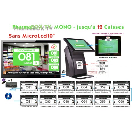 PACK PharmaBOXTV-MT/12 de gestion d'attente pour PHARMACIES, configurable de 1 à 12 Caisses - Ecran TV NON Fourni